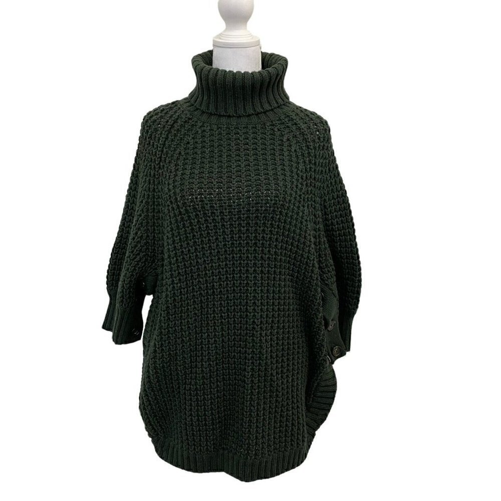 J. Crew Merino Wool Blend Button Sleeve Turtleneck Poncho Sweater Green size XS